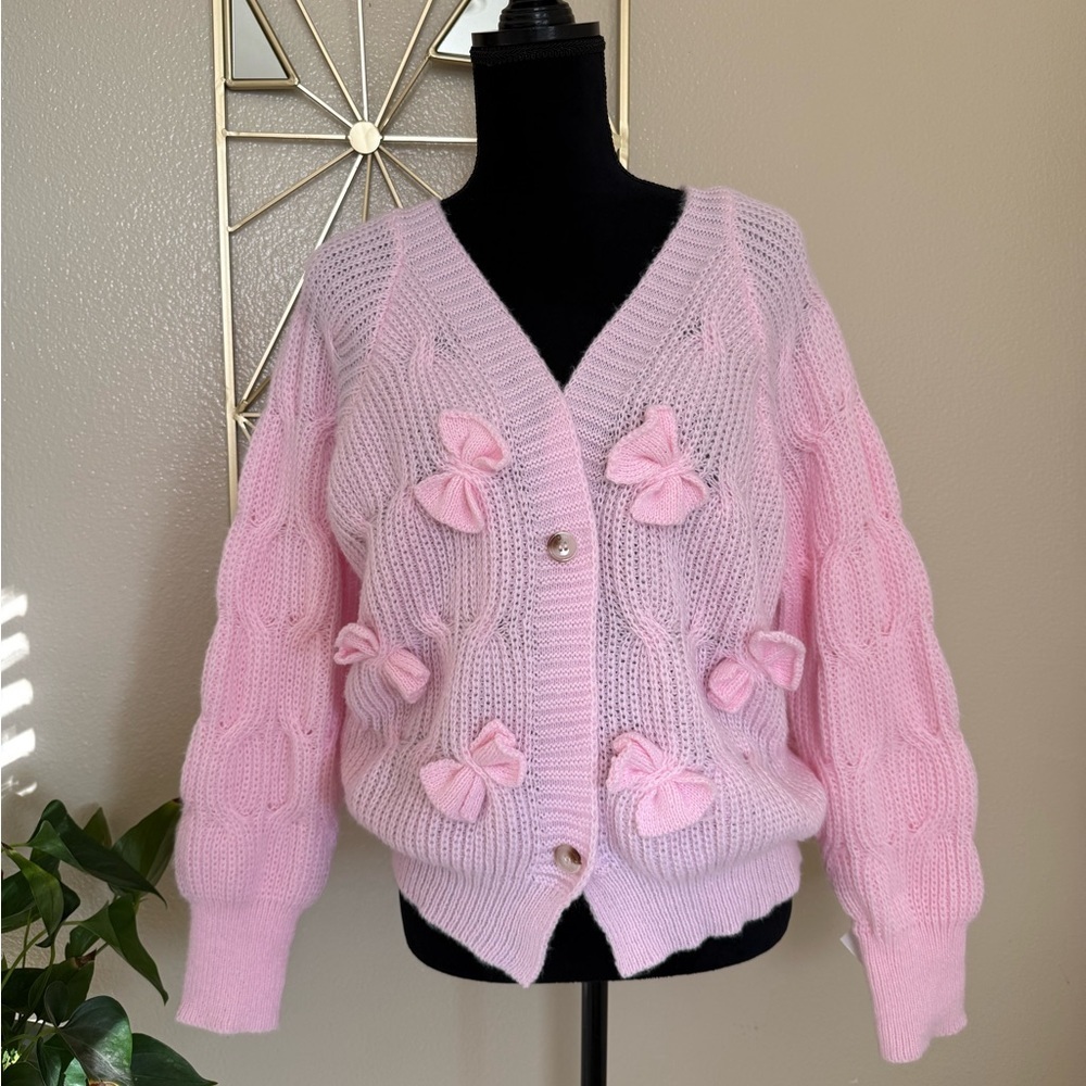 Pink Bow Knit Cardigan Sweater Coquette Cottagecore Oversized XL - Picture 2 of 7